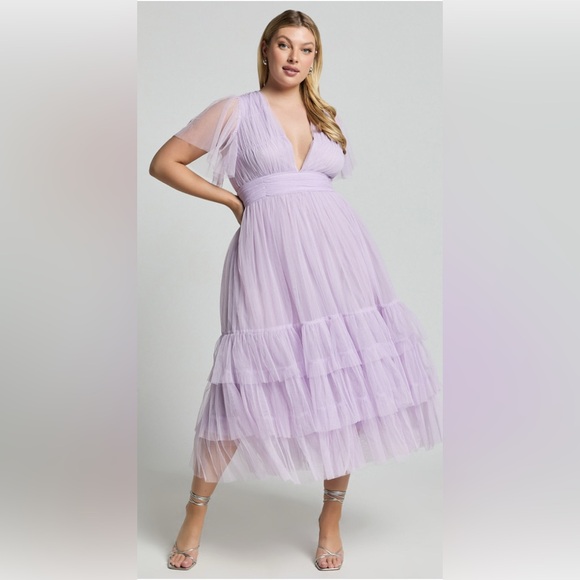 Jiraye Midaxi Dress - Flutter Sleeve Tulle Plunge Dress in Coral in Size16 - Picture 2 of 6